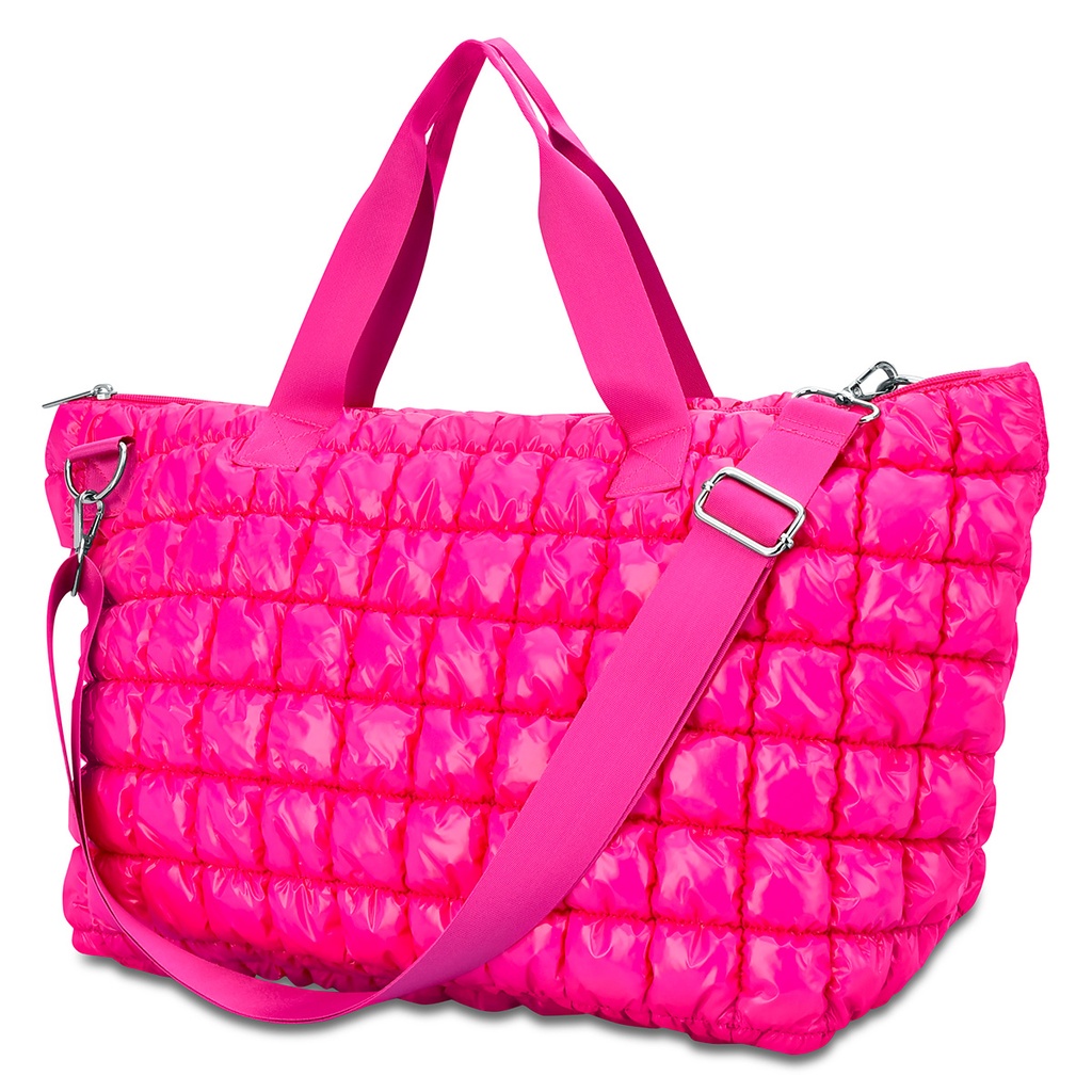 Hot Pink Shiny Puffer Overnight Bag - Thumbnail 3