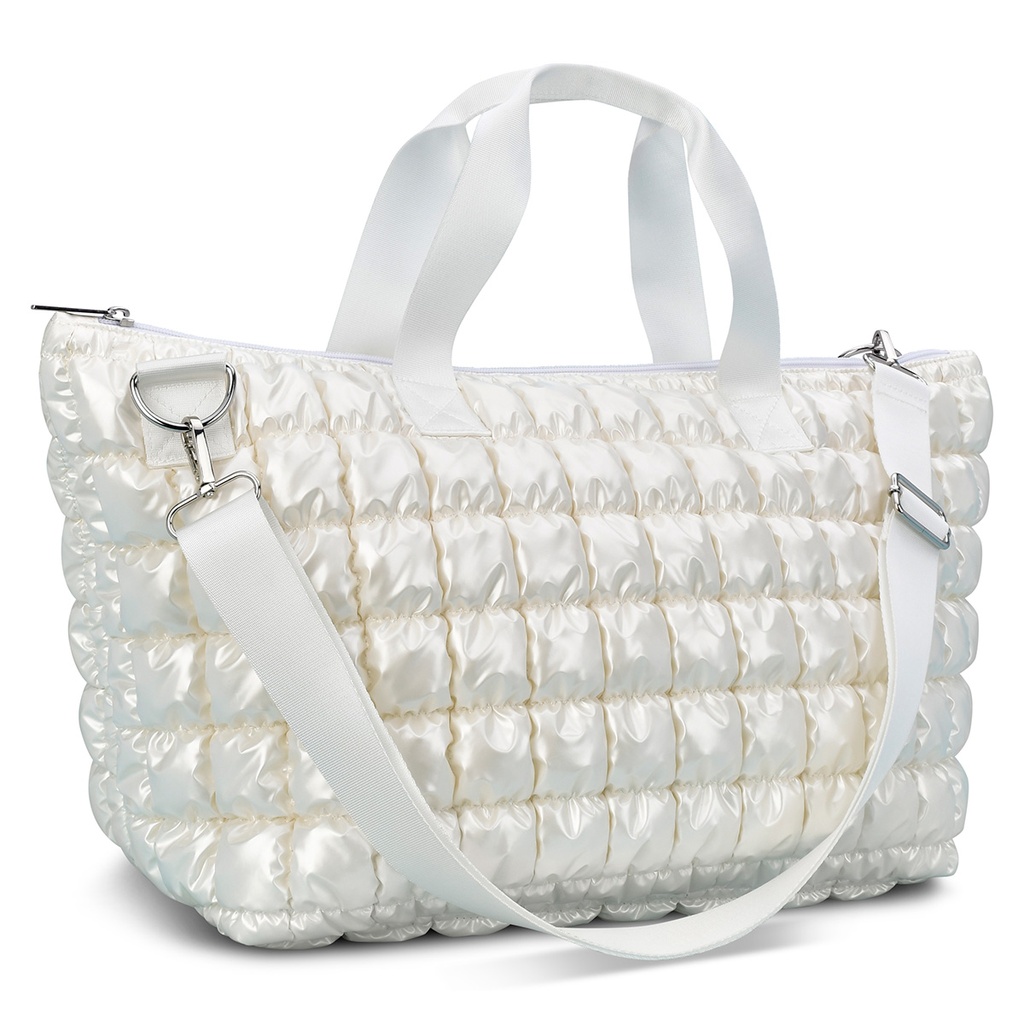 Pearl White Shiny Puffer Overnight Bag - Thumbnail 2