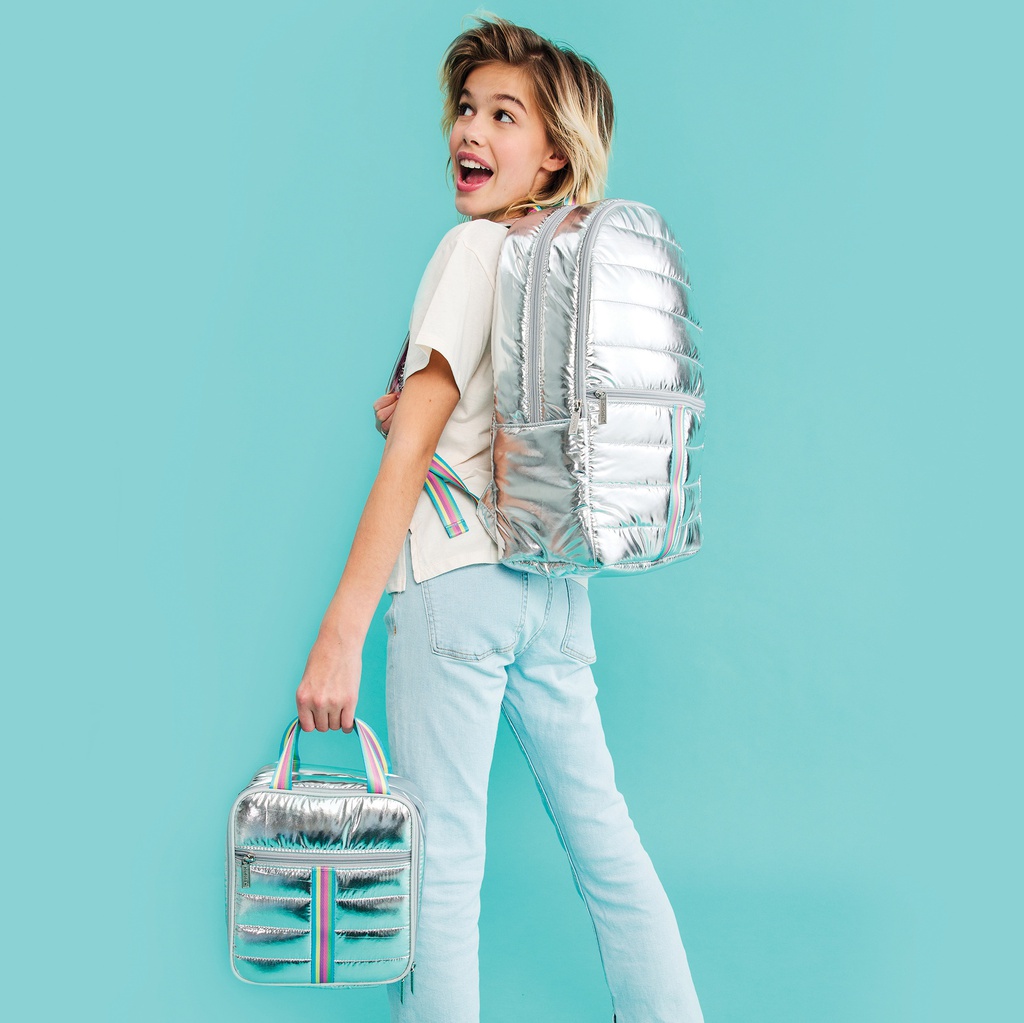 Silver Metallic Rainbow Puffer Backpack