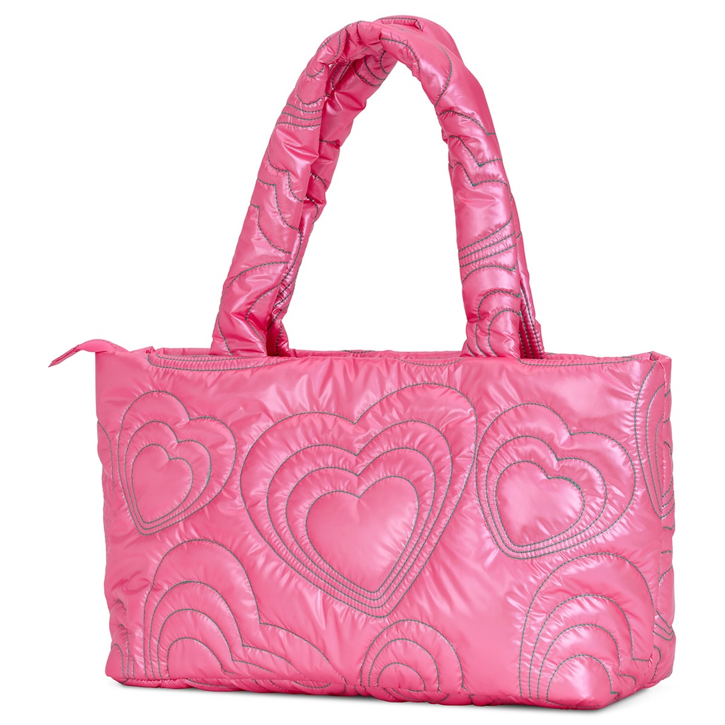 Pink Shining Heart Puffy Overnight Bag