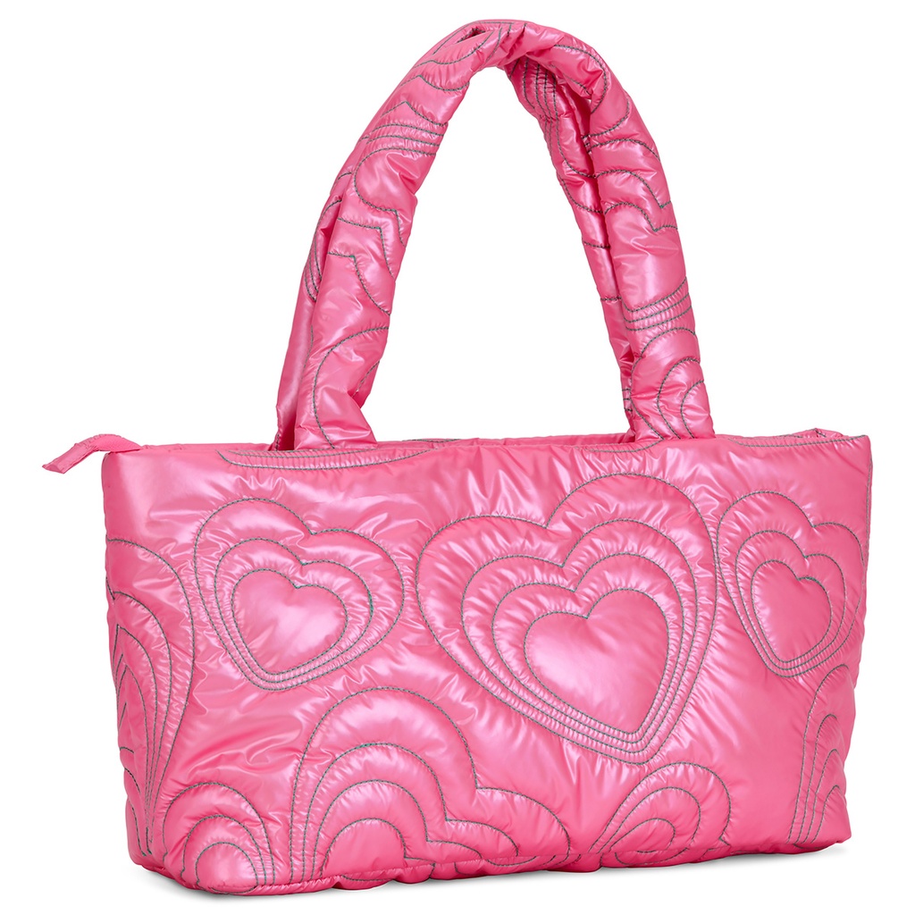 Pink Shining Heart Puffy Overnight Bag