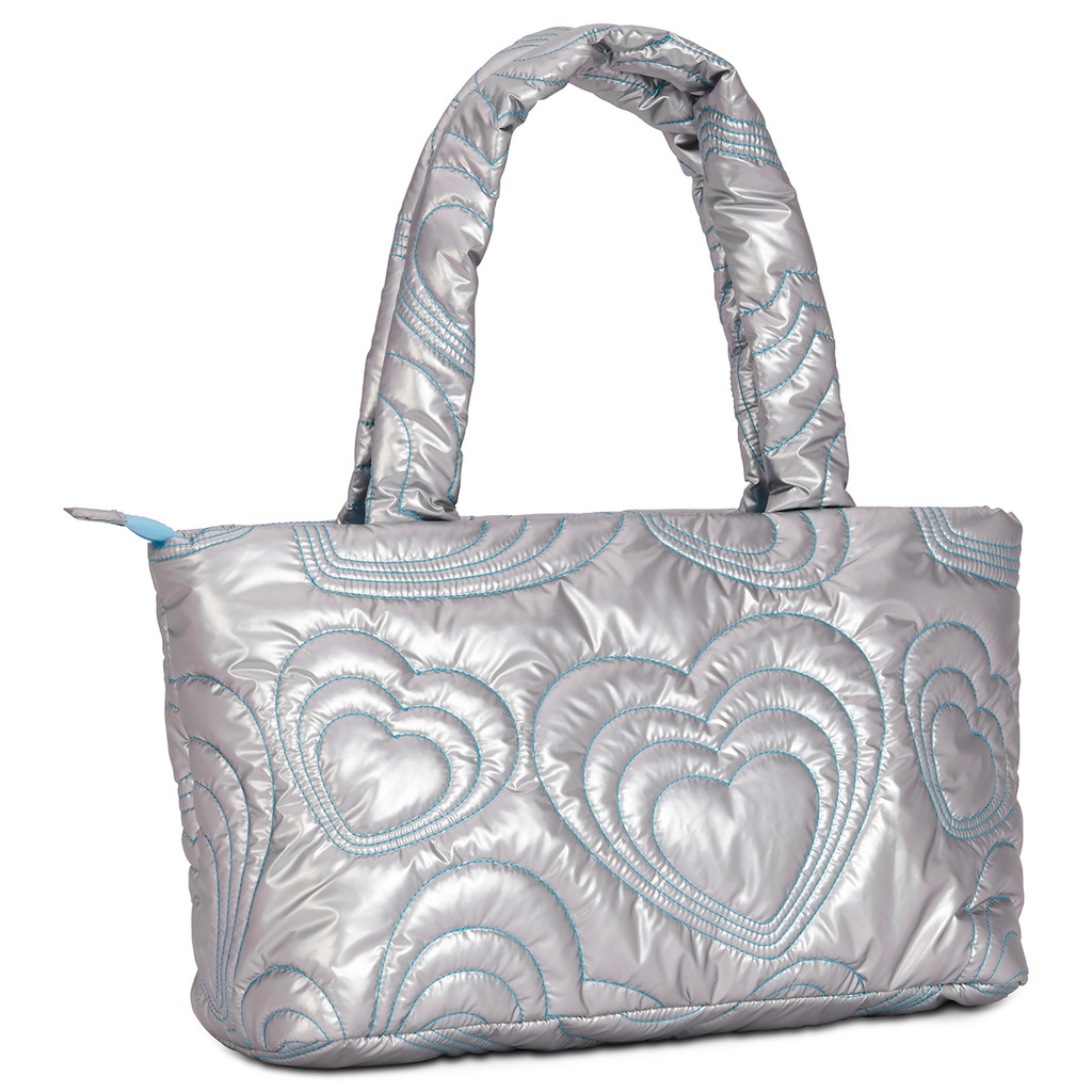 Silver Shining Heart Puffy Overnight Bag