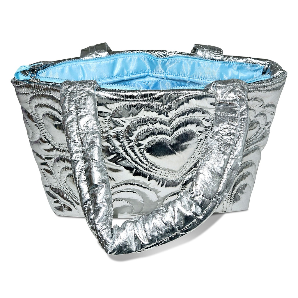 Silver Shining Heart Puffy Overnight Bag - Thumbnail 4