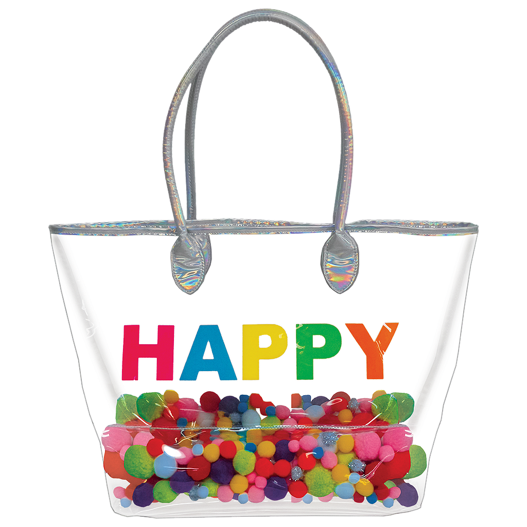 Happy Clear Holographic Tote Bag with Pom-Poms