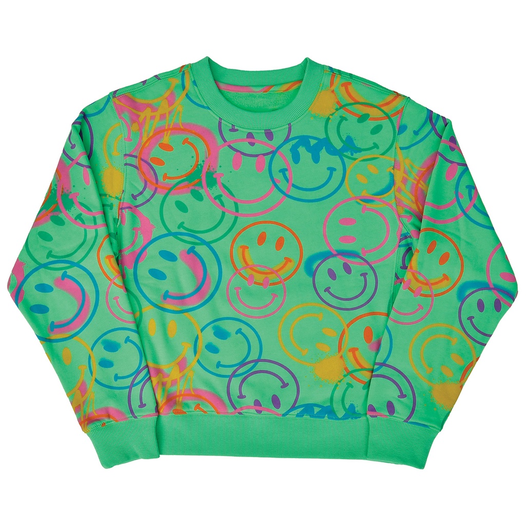 [820-3211S] All Over Smile Glam Green Basic Crew Neck Sweatshirt (Youth Small (6-8))