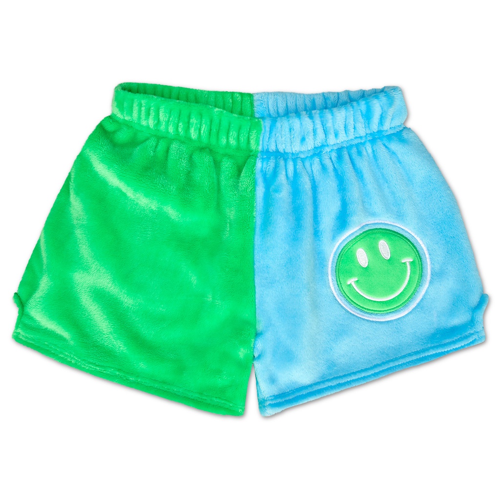 [820-3361XS] Glam Green & Bright Blue Smile Color Block Plush Shorts (X-Small (4-6))
