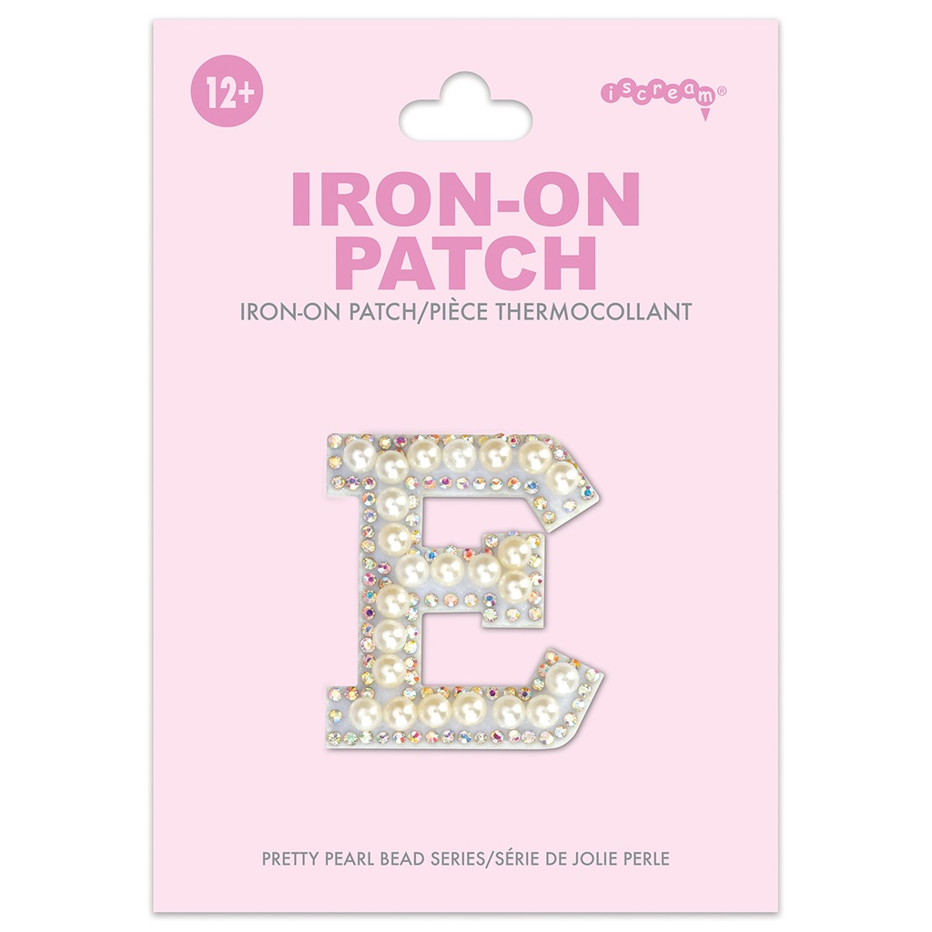 [700-554E] E Alphabet Pretty Pearl Bead Iron On Patch