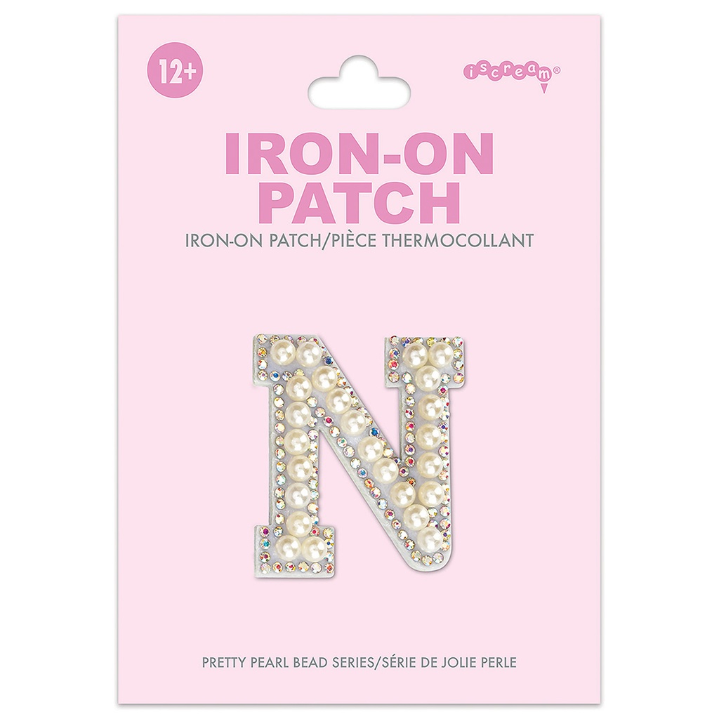 [700-554N] N Alphabet Pretty Pearl Bead Iron On Patch