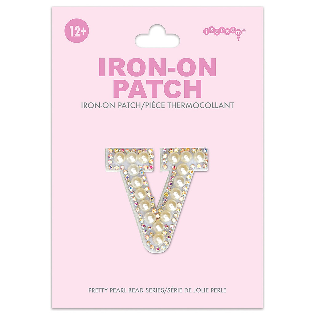 [700-554V] V Alphabet Pretty Pearl Bead Iron On Patch