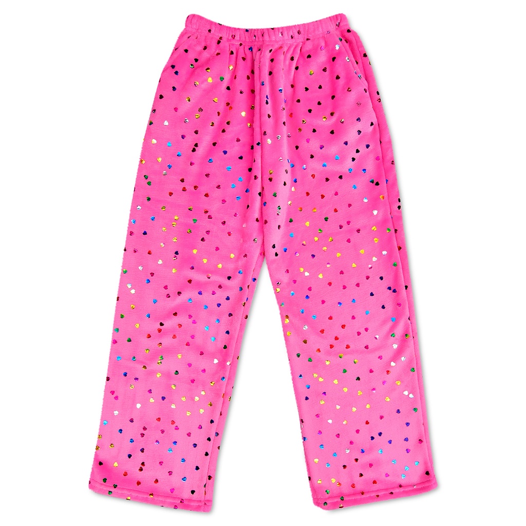 [820-3485XS] Bright Pink Foil Heart Plush Pants (Youth X-Small (4-6))