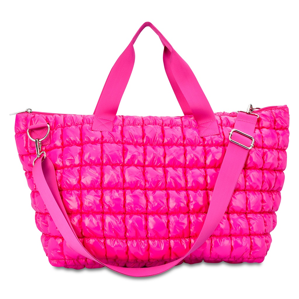 Hot Pink Shiny Puffer Overnight Bag - Thumbnail 2