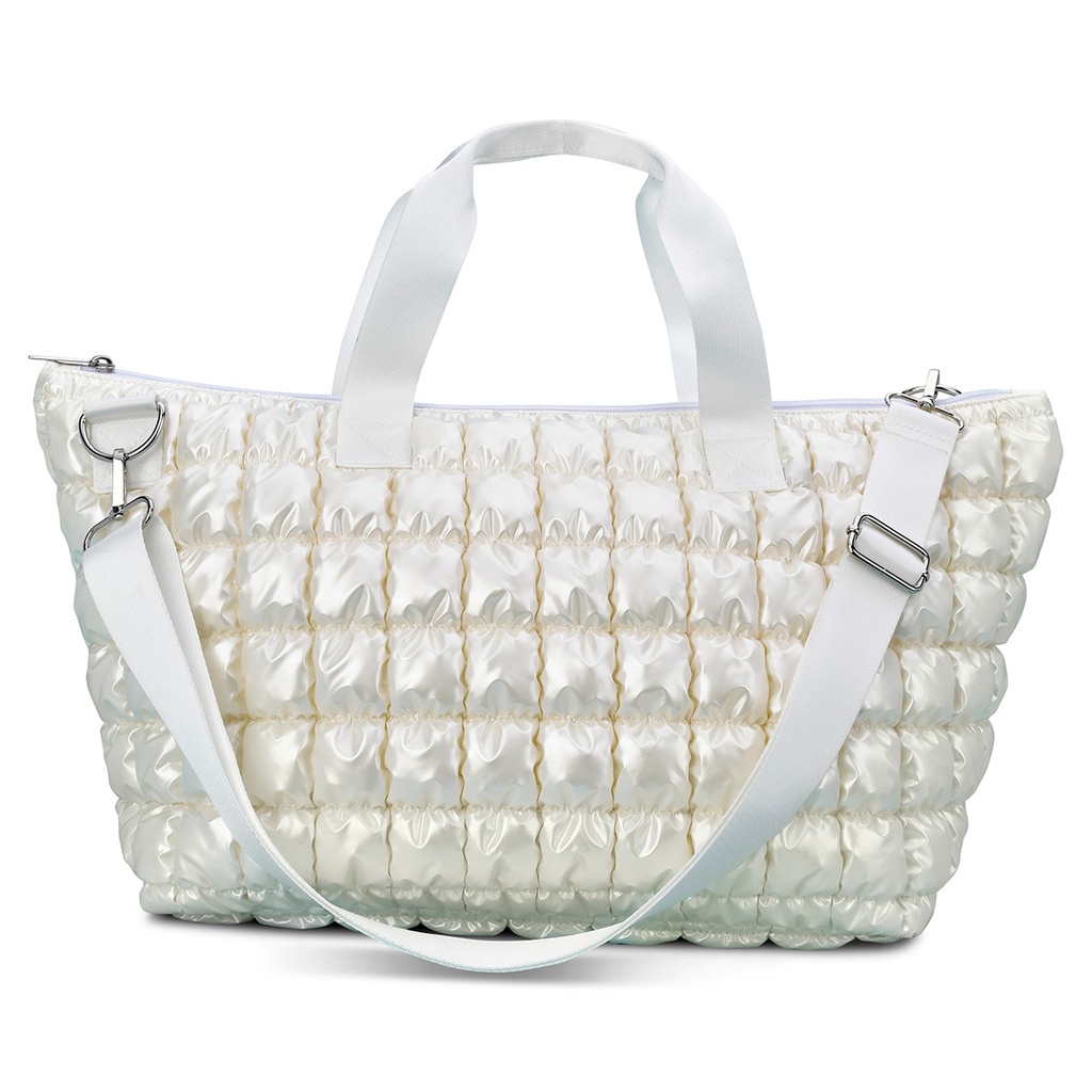 [810-2380] Pearl White Shiny Puffer Overnight Bag