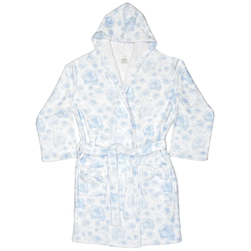 [820-4641XS-S] Beautiful Blue Toile Hooded Plush Robe (Youth X-Small/Small (4-8))