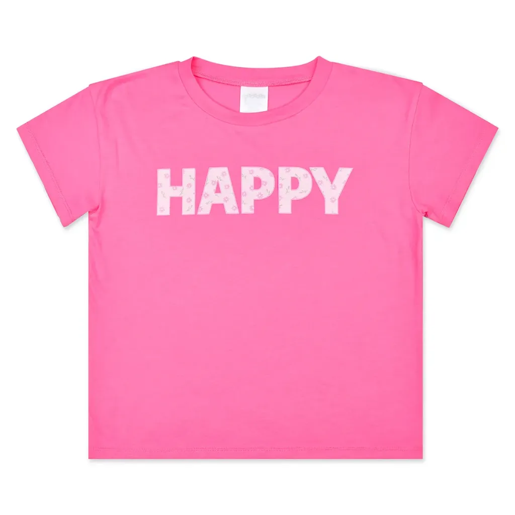 [820-4734XXS] Pink Floral Happy T-Shirt (Youth X-XSmall (2-3))